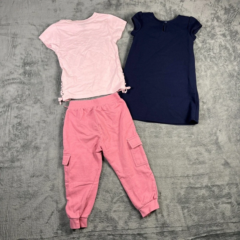 DKNY & Childrens Place Girls 4T Outfit Lot 3pc Pink Fleece Pants Tee Navy Dress